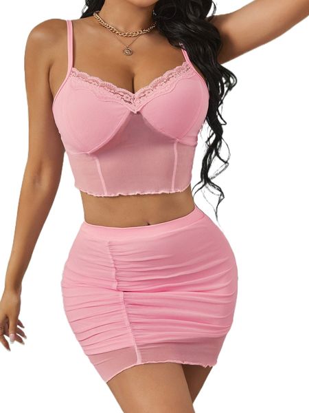 

x anitta lace panel cami & ruched bodycon skirt 356f#, White