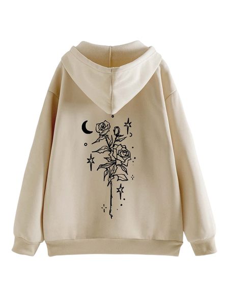 

moon & floral print kangaroo pocket drawstring thermal hoodie m5bu#, Black