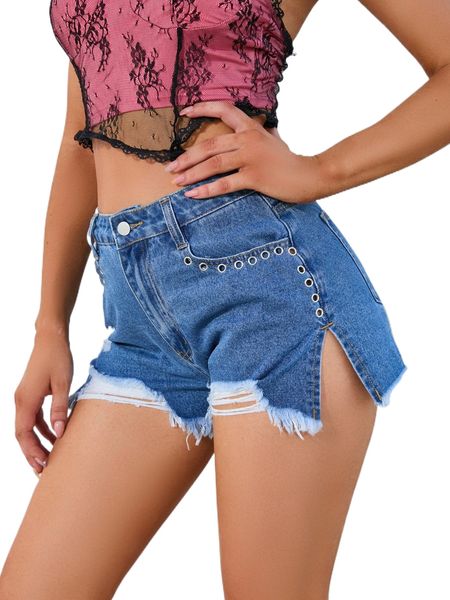 

high waist eyelet detail slit side raw trim denim shorts x2kb#, White;black