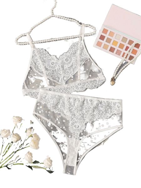 

plus eyelash lace panel dobby mesh lingerie set 01te#, Black;white