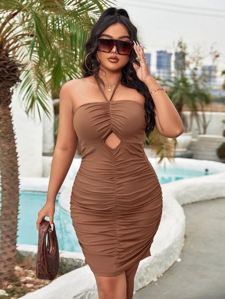 

plus cut out front halter neck ruched bodycon dress n2t9#, Black