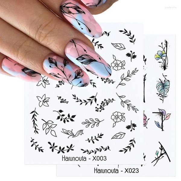 Adesivos decalques controles deslizantes de flores pretas linhas geométricas adesivos de unhas conjunta folhas mandala design floral manicure decoração para água prud22