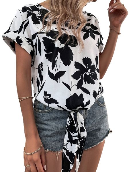 

floral knot hem batwing sleeve blouse z6ta#, White