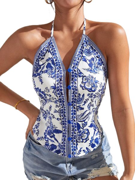 

floral print button front tie backless halter l0et#, White