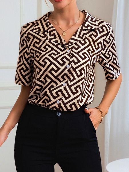 

allover geo print button front shirt x6is#, White