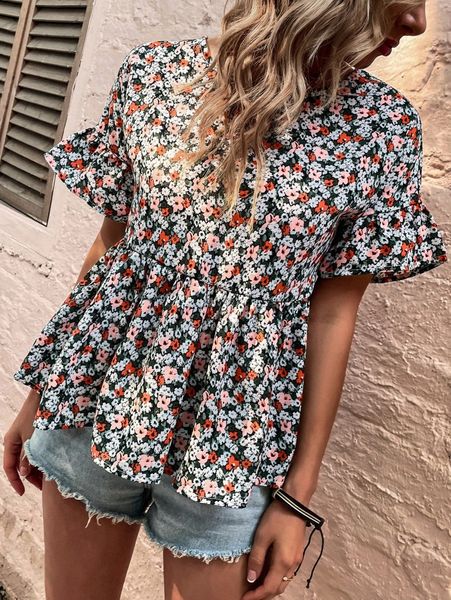 

ditsy floral flounce sleeve crisscross peplum blouse 693w#, White