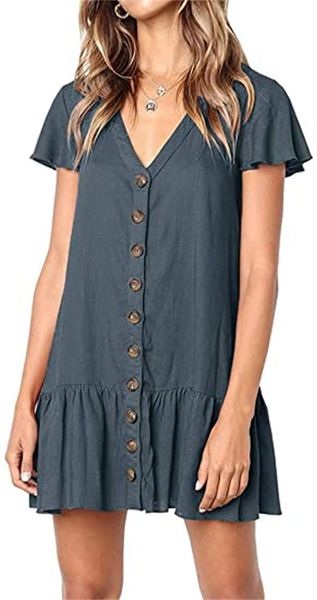 

& tees women's v-neck buttoned shirtdress long-sleeve flounces mid-length skater skirt, White