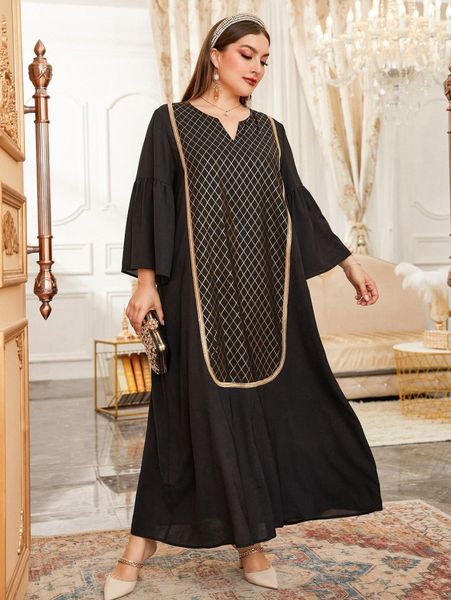 

plus argyle print contrast tape notched neck flounce sleeve dress z3h3#, Black