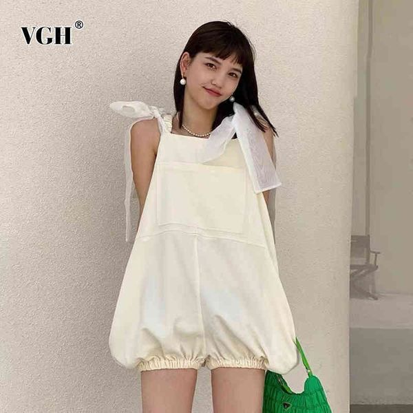 

beige casual playsuits for women square collar sleeveless high waist lace up bowknot pockets short jumpsuits female 210507, Black;white
