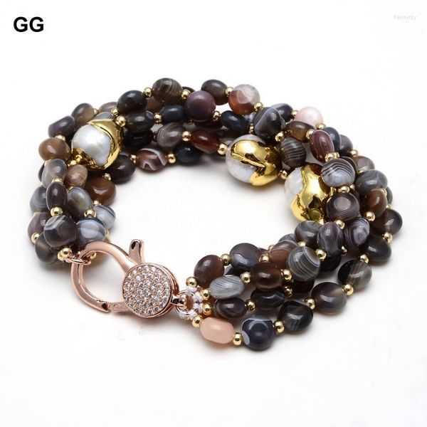 Perlenstränge GuaiGuai Schmuck 5 natürliche weiße Keshi-Perlen vergoldete Perlen runde Münze braunes Achat-Armband CZ-Verschluss für Frauen Fawn22