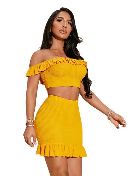 

sxy off shoulder ruffle trim & bodycon skirt 47iu#, White