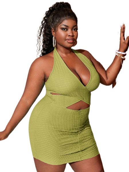 

sxy plus cut out front halter neck backless bodycon dress s9ap#, Black