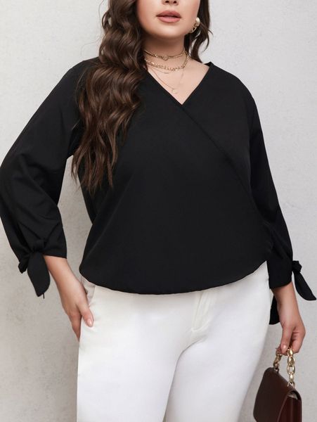 

plus knot cuff blouse z2sj#, Black