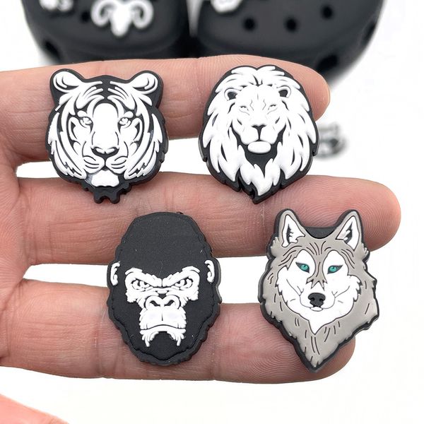 

1pcs black white animal head tiger wolf lion shoes charms accessories buckle clog decorations diy wristbands croc jibz kids gift, White;pink