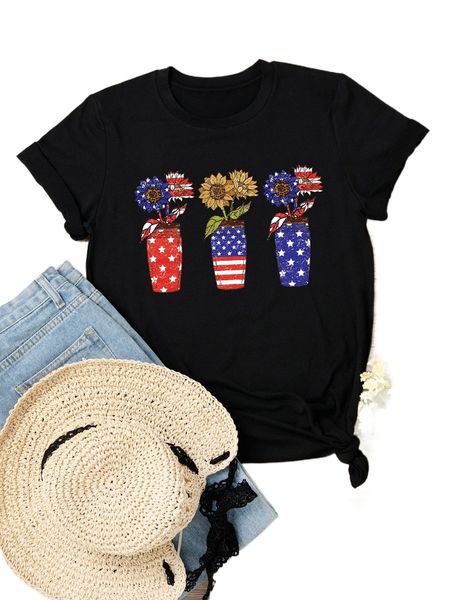 

plus sunflower & americana print tee q8l1#, Black