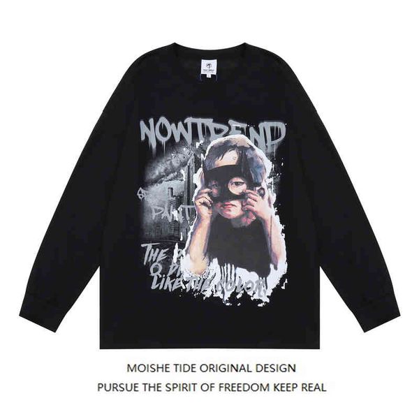 

moishe tide american fashion brand high street figure print round neck sweater men's loose ins hip hop couple coat, Black