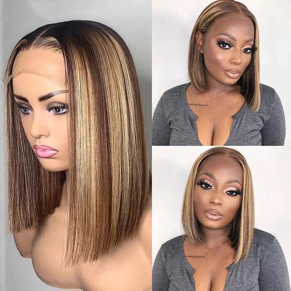 Destaque Ombre Brown Short Bob Wig Hd T Parte Lace Front peruca pré -puxada para mulheres perucas sintéticas