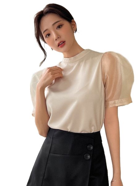 

dazy contrast mesh puff sleeve blouse b34v#, White
