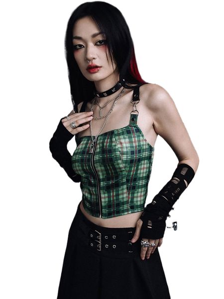 

romwe punk rock plaid zip up cami 88f9#, White