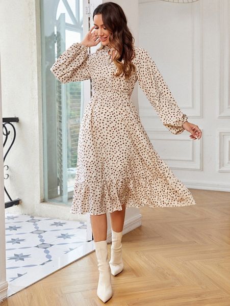 

ditsy floral lantern sleeve tie neck ruffle hem dress o91h#, Black;gray