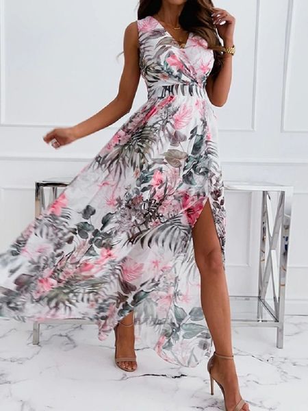 

backless v-neck slit chiffon print lace-up women dress elegant beach vacation bohemian sleeveless summer dress 220516, Black;gray