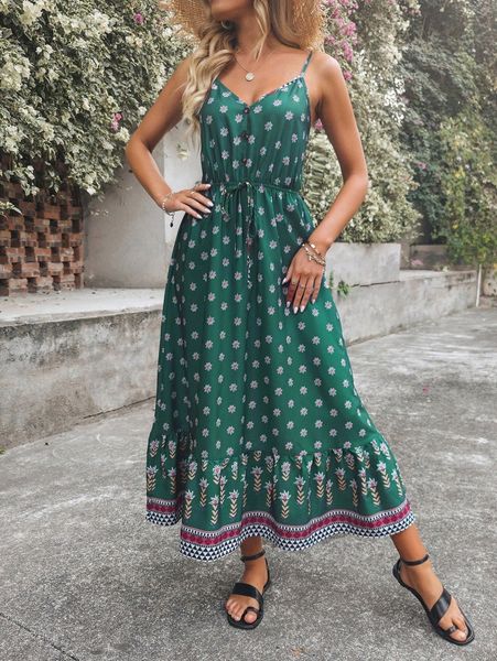 

geo & floral print fake button ruffle hem cami dress 18sg#, Black;gray