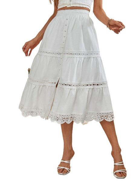 

contrast guipure lace solid ruffle hem skirt w3sz#, Black