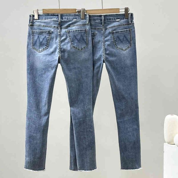 

women's jeans spring women's jeans with holes in the middle waist, slim fit and nine point leggings for women, Blue