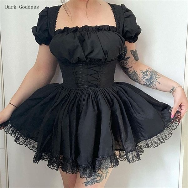 Lolita giapponese principessa nero gotico sexy mini vestito dalla ragazza kawaii vita alta manica a sbuffo pizzo volant bianco abito da festa donna 226014