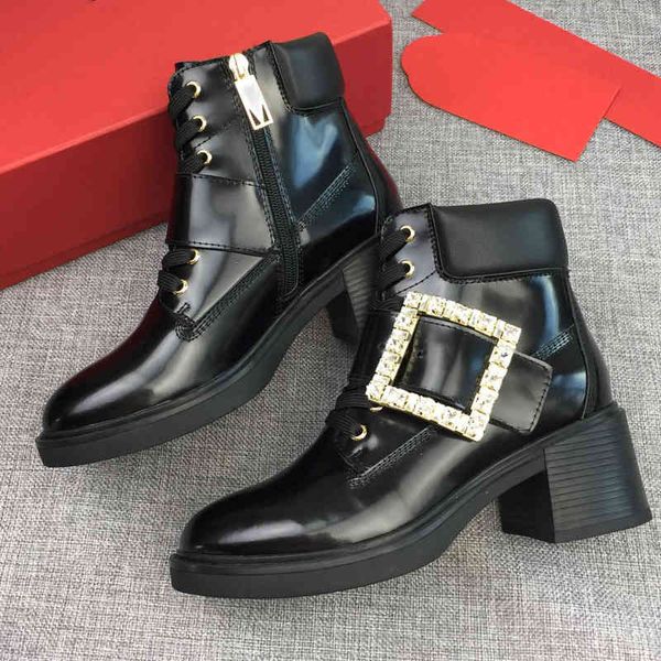 

boots pure original rv short boots female liu wen tang yan same black women's square buckle water drill open bead cowhide chelsea