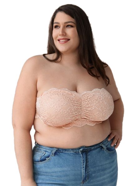 

plus floral lace ruched wireless tube bralette k3u6#, Black;white