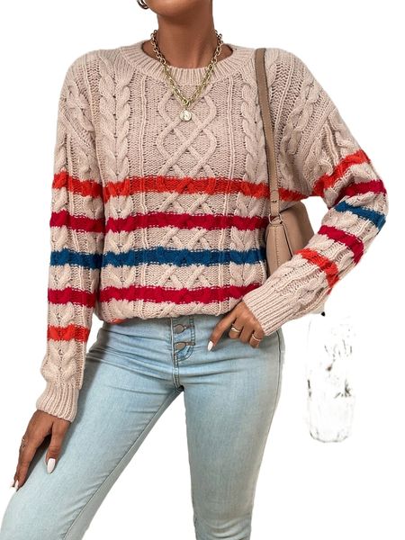 

striped pattern drop shoulder cable knit sweater v1x0#, White;black