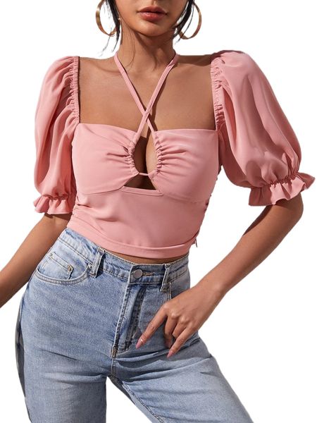 

puff sleeve criss cross halter neck p12y#, White