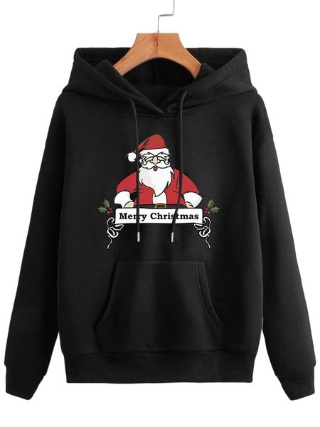 

christmas print drop shoulder kangaroo pocket drawstring hoodie l4dd#, Black
