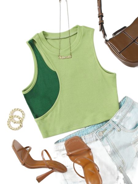 

ribbed knit colorblock crop tank s43l#, White