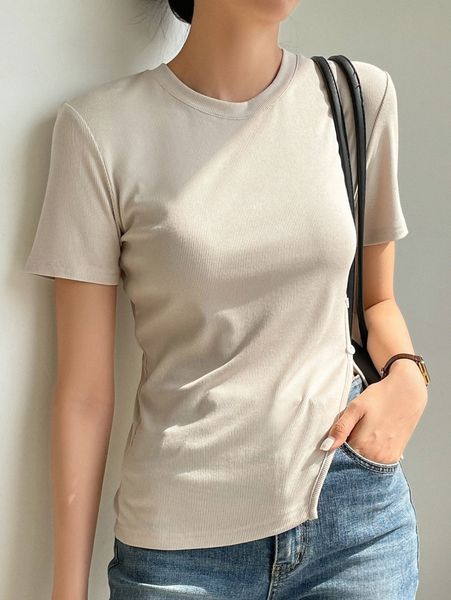

dazy-less solid slit hem ribbed tee s2tf#, White