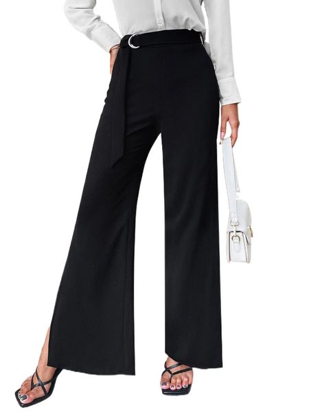 

high waist split thigh belted wide leg pants r2cx#, Black;white
