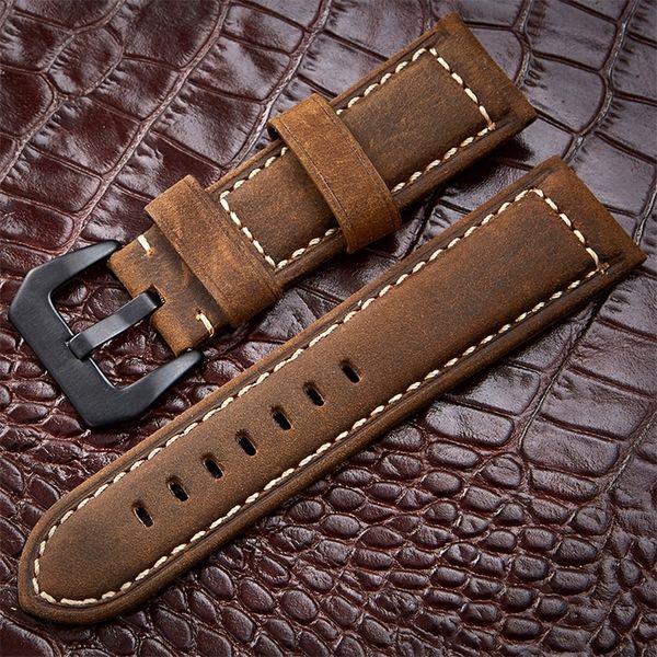

handmade 4 color watch accessories vintage genuine crazy horse leather 20mm 22mm 24mm 26mm watchband watch strap & watch band 220507, Black;brown