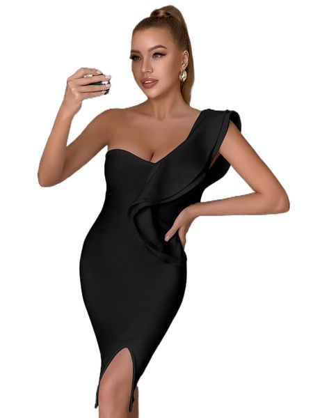 

adyce one shoulder slit hem ruffle trim pencil bandage dress n2j8#, Black;gray