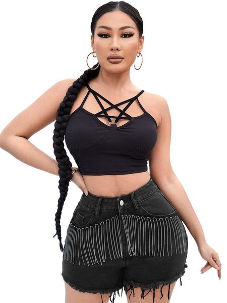 

sxy fringe trim raw cut denim shorts b1sj#, White;black