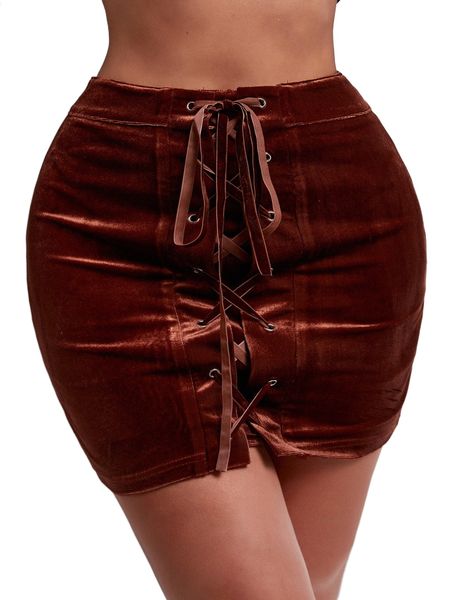 

sxy grommet lace up velvet bodycon skirt o1cg#, Black