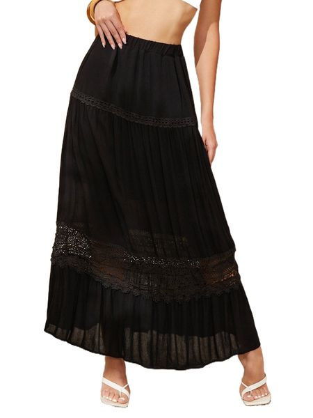 

guipure lace insert ruffle hem skirt q5bq#, Black