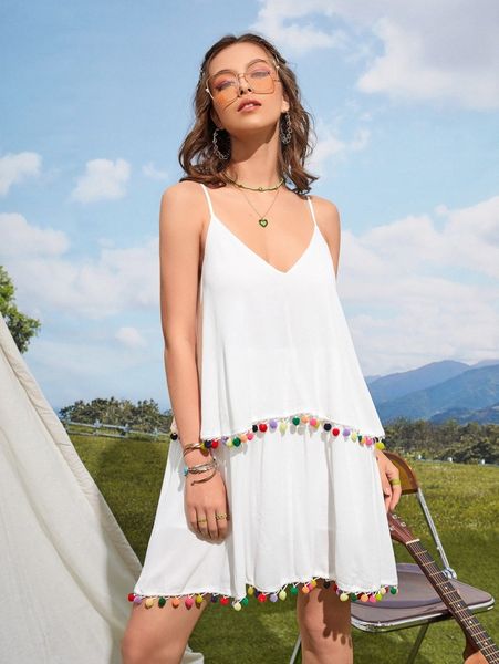 

two layer pom pom trim cami dress 71qs#, Black;gray