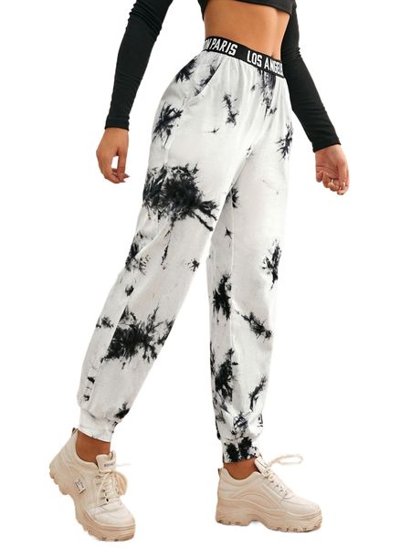 

letter tape waist tie dye sweatpants r1uc#, Black;white