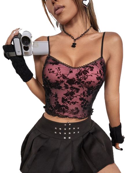 

floral print lettuce trim bustier cami a08z#, White