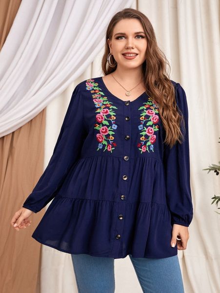 

plus floral embroidery button front peplum blouse 50b2#, Black