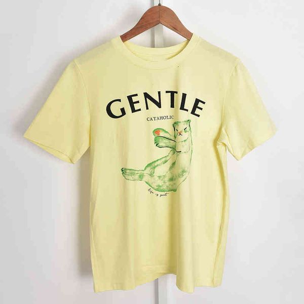 

women's t-shirt spring and summer style small fresh design sense lovely cat print round neck cotton t-shirt female, White