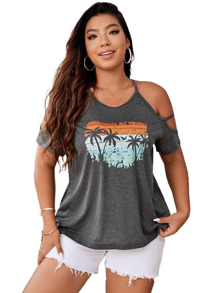 

plus coconut tree print cold shoulder tee s6if#, Black