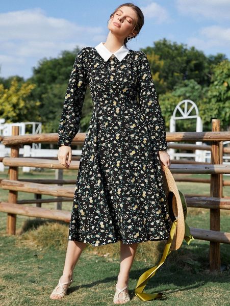 

floral print contrast collar a-line dress 92jn#, Black;gray
