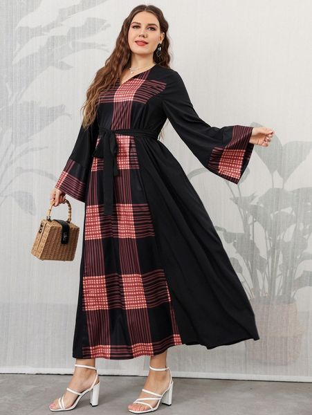 

plus plaid print flounce sleeve belted dress l2qk#, Black